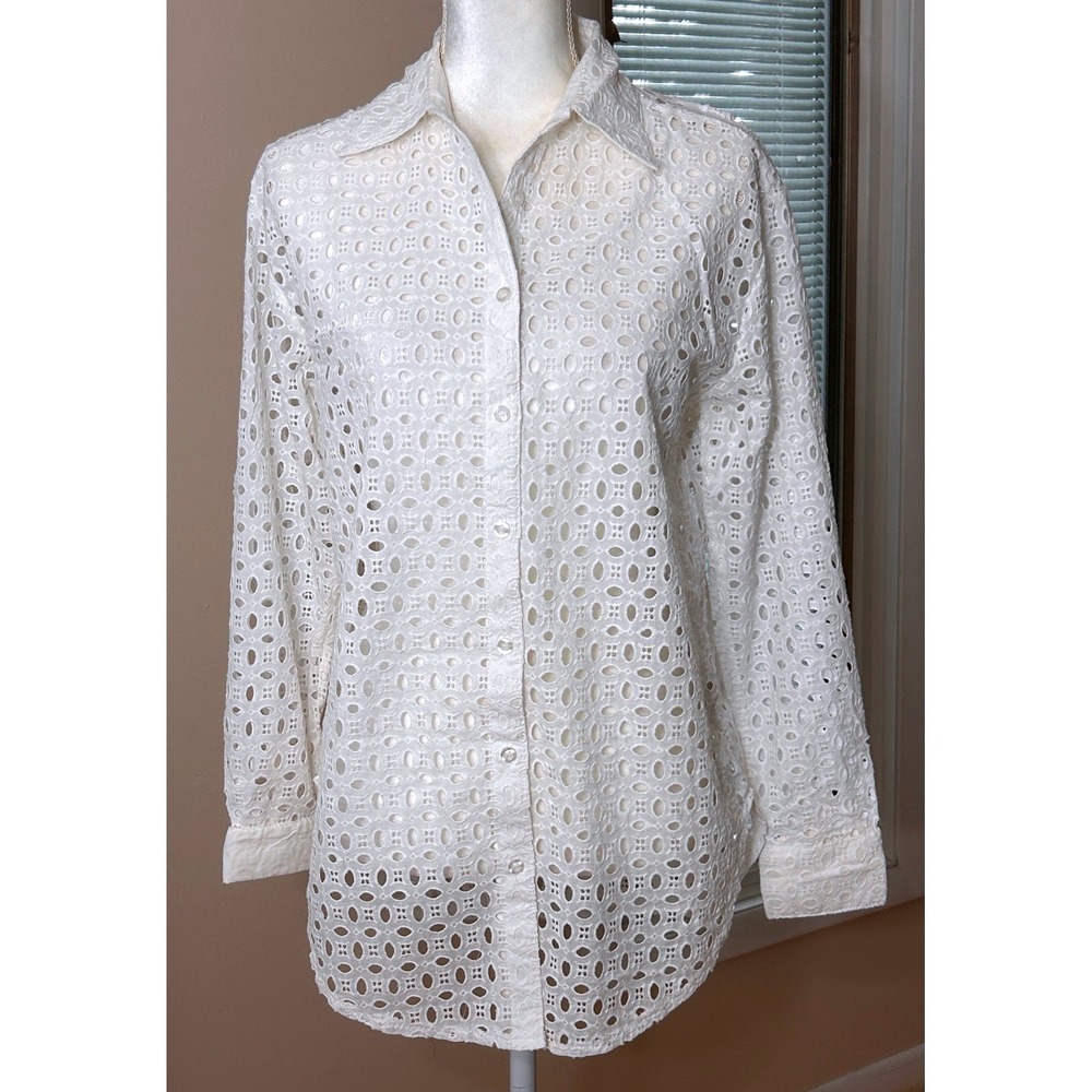Eyelet 100% Cotton Adiva Button Down Shirt M White Cottagecore